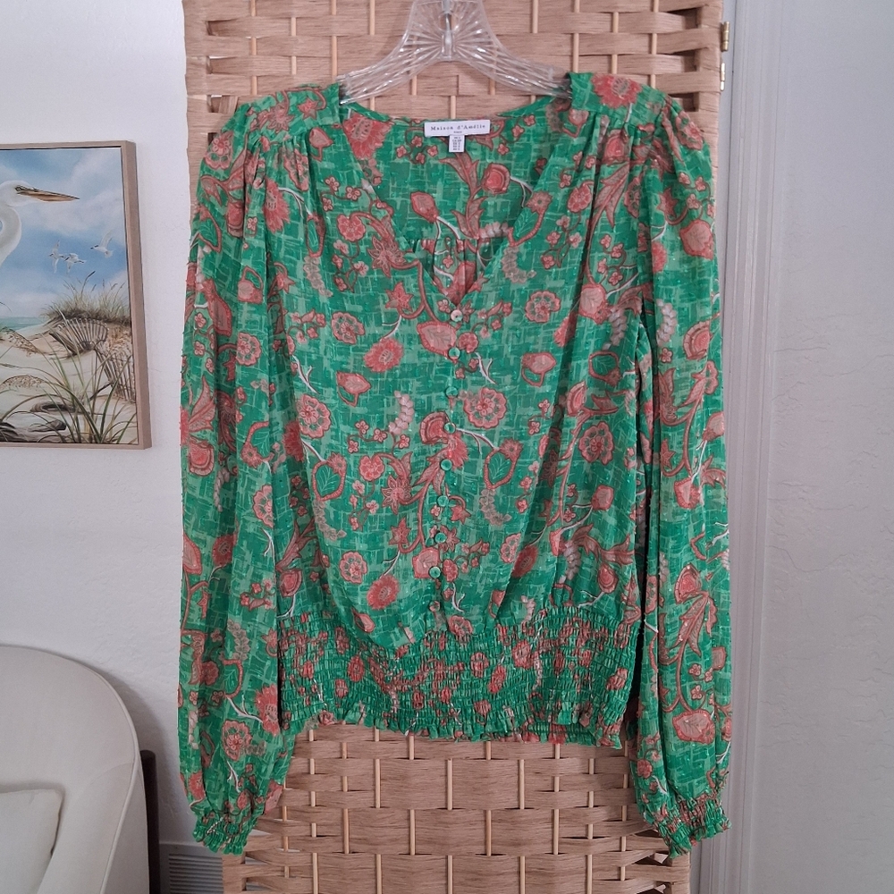 🌿Maison D'Amelie Paris Green Floral Blouse Small🌿